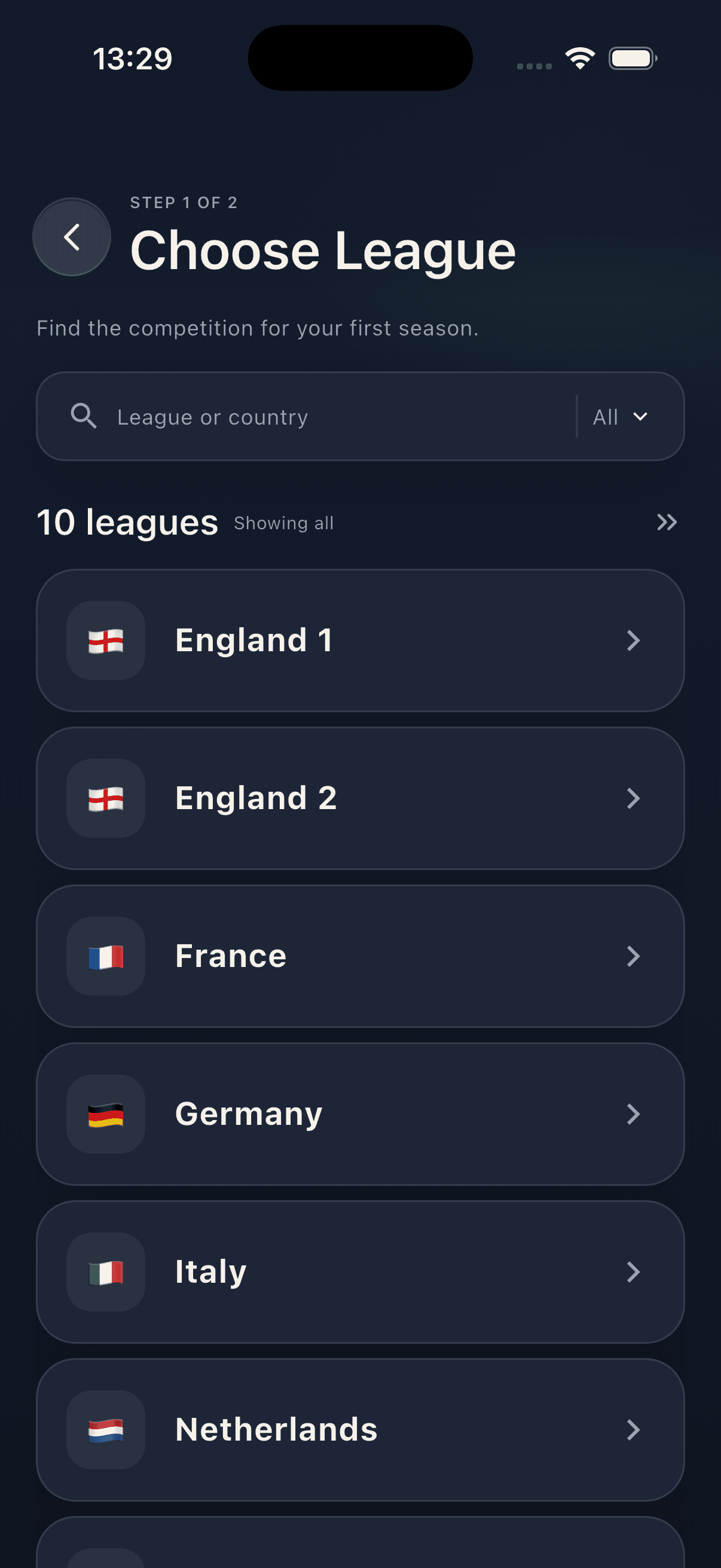 Matchweek choose league screen with domestic football leagues