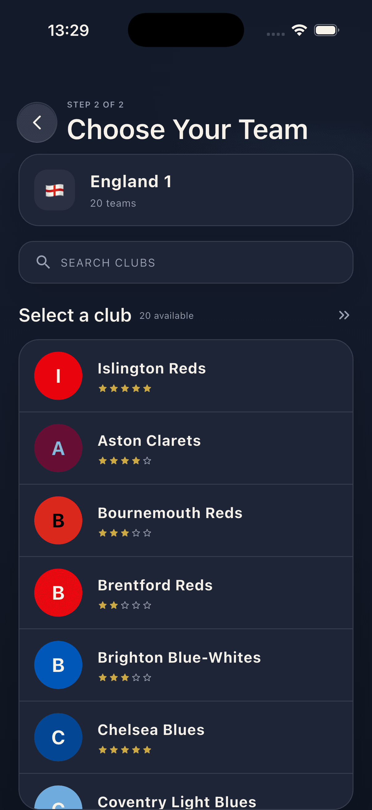 Matchweek choose club screen with league teams