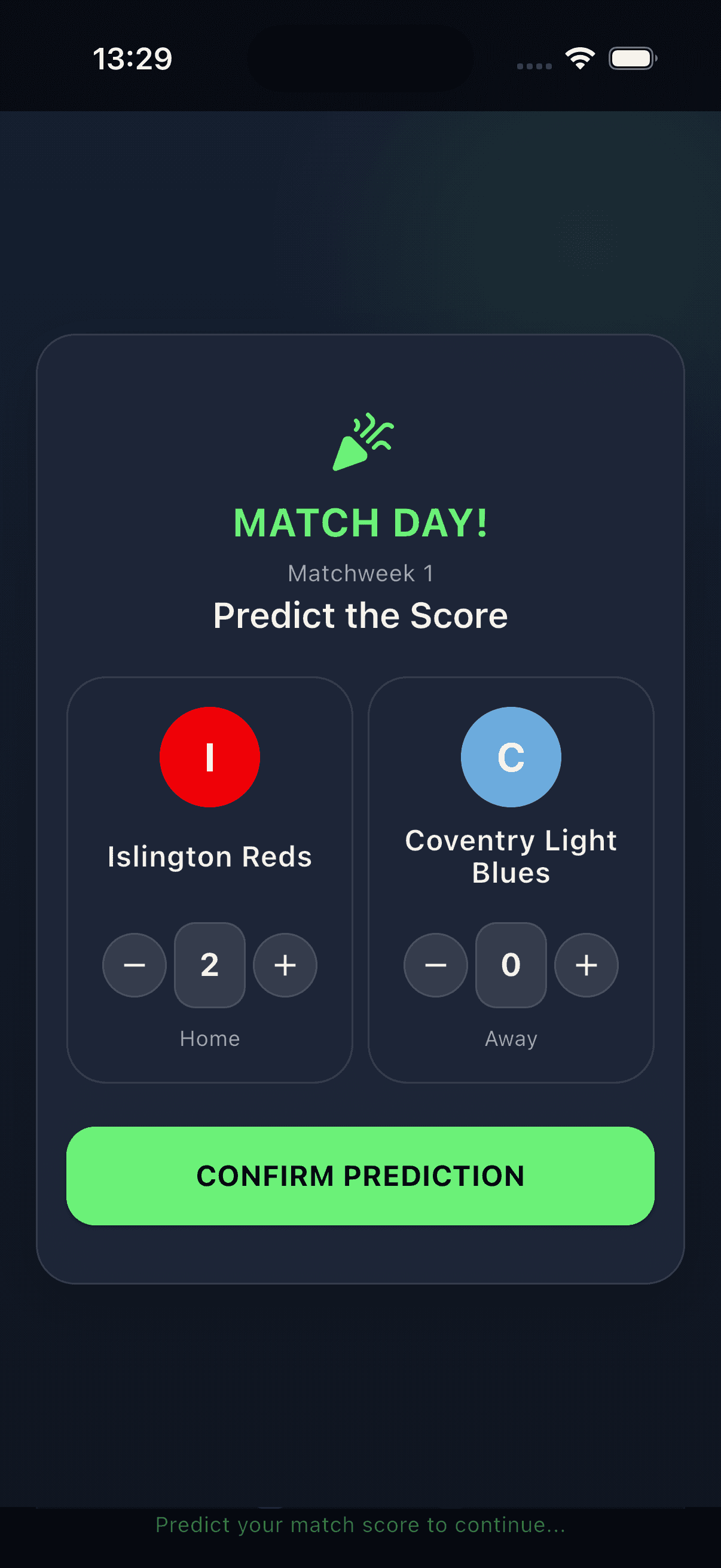 Matchweek matchday screen for submitting a club score prediction