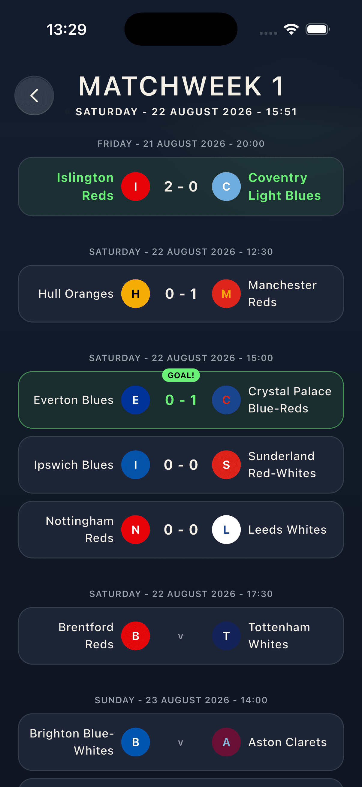 Matchweek matchweek timeline showing simulated league fixtures